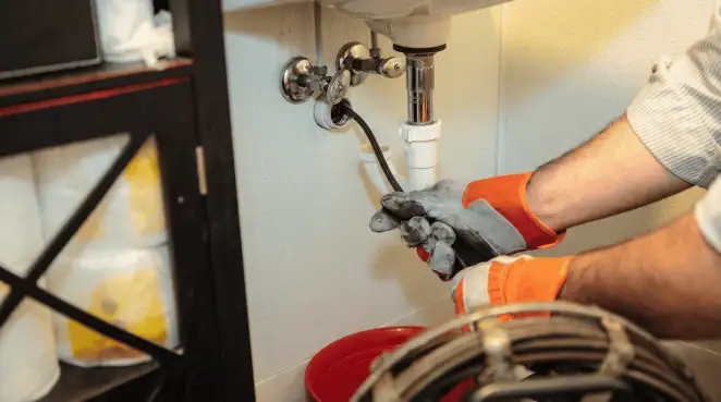 Drain cleaning technician using a motorized plumbing snake to clear a clogged sink pipe in Anaheim, CA