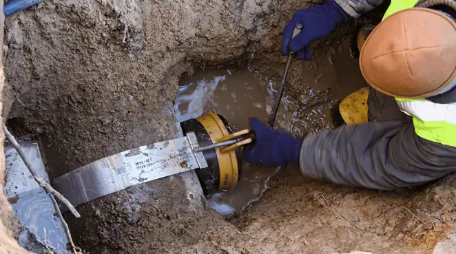 Technician performing underground drainage repair for foundation protection and gutter systems in Anaheim, CA